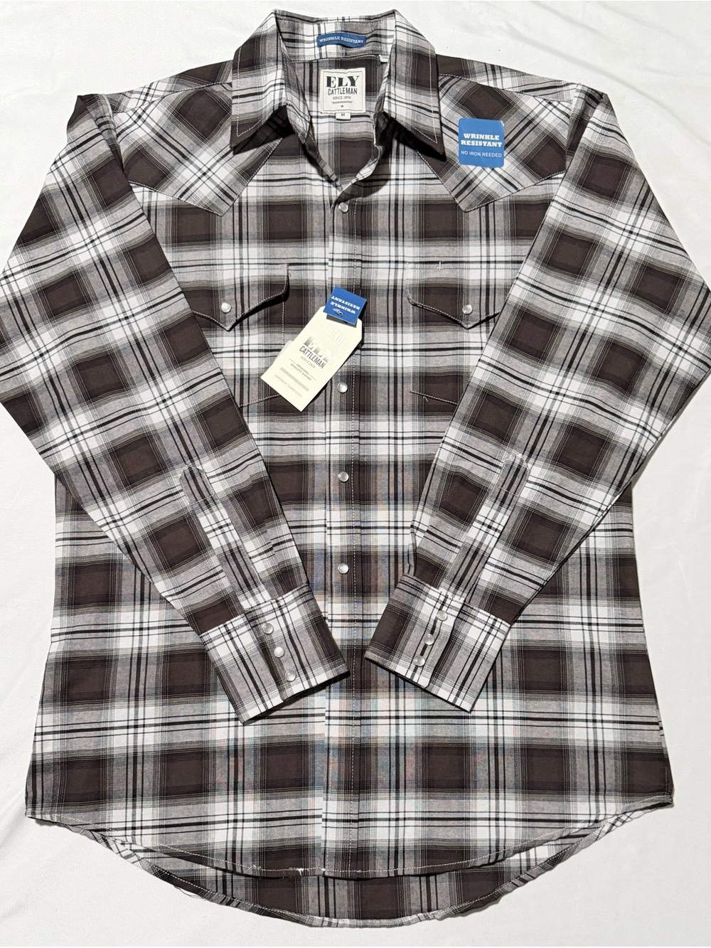 Men’s ELY Cattleman Brown Plaid Western Long Sleeve Pearl Snaps Medium NWT
